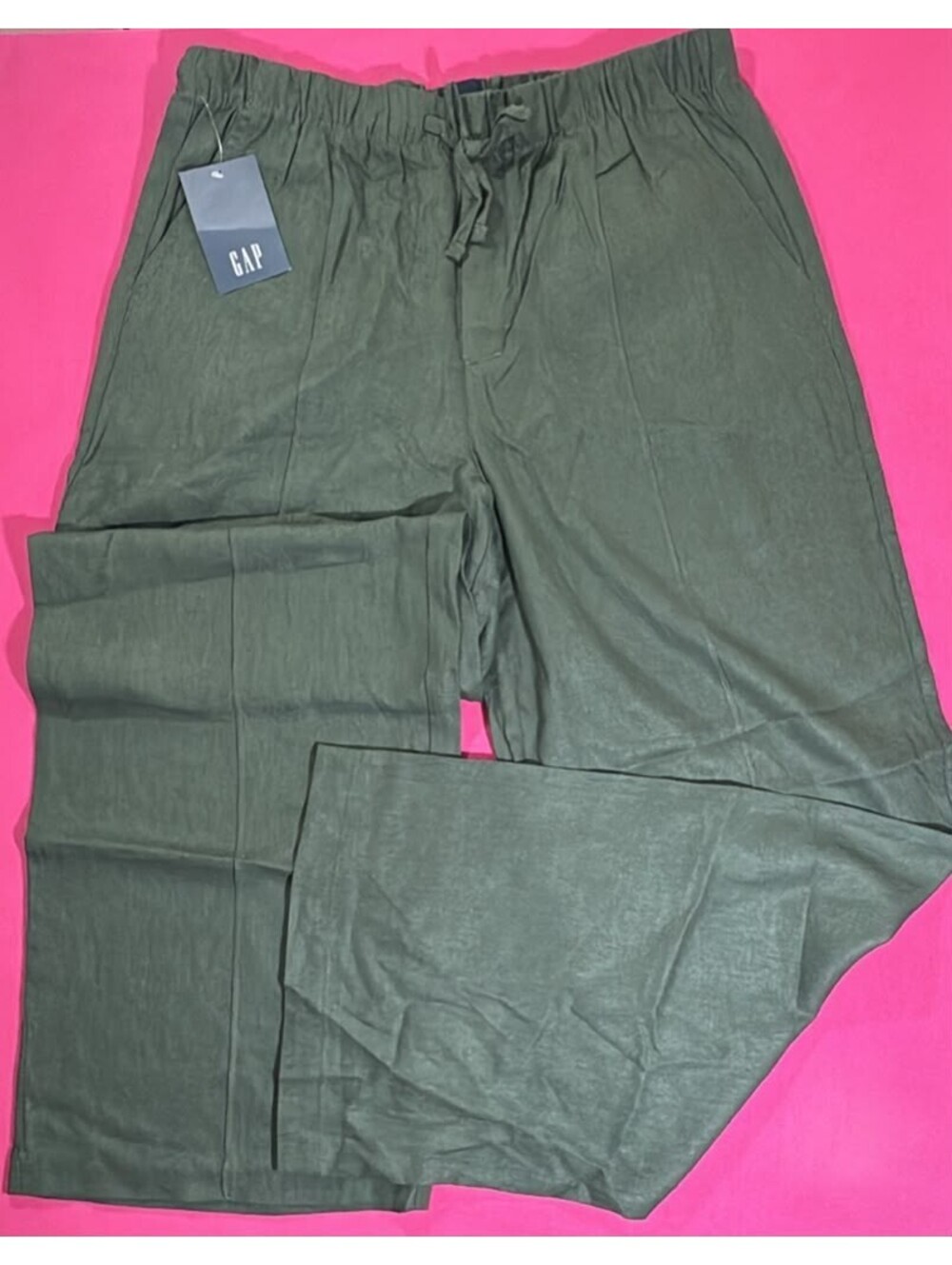 GAP Linen‑Blend Wide Leg Pants – Olive Green Drawstring Relaxed Fit Size M